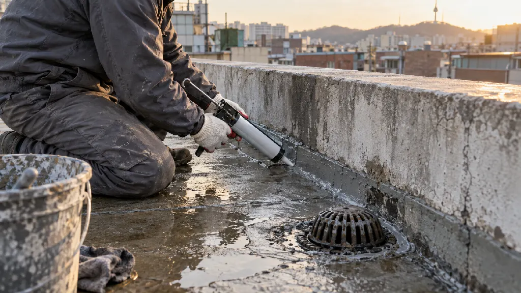 옥상 파라펫 이음새의 들뜬 마감재를 걷어내고 실링재 보수 범위와 배수구 주변 물길을 구분하는 시공 장면입니다. 보수 순서를 이해하도록 가까이 담았습니다.